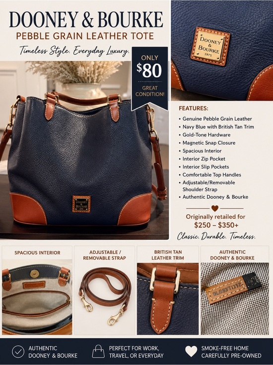 Dooney & Bourke Handbags - Dooney & Bourke Navy Blue Pebble Grain Leather Tote with British Tan Trim